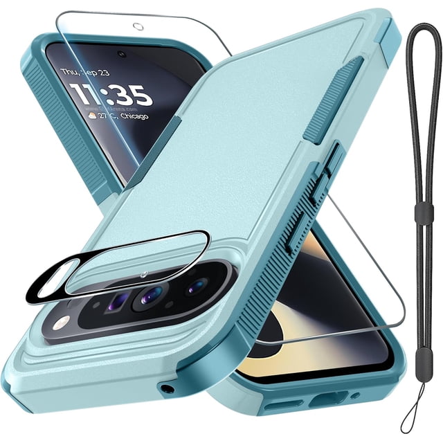 JZWAL-Case for Google Pixel 9/9 Pro, Full Body Heavy Duty Rugged Shockproof Protective Phone Cover with Lanyard Strap, Tempered Glass Screen Protector and Camera Lens Cover, Mint Green