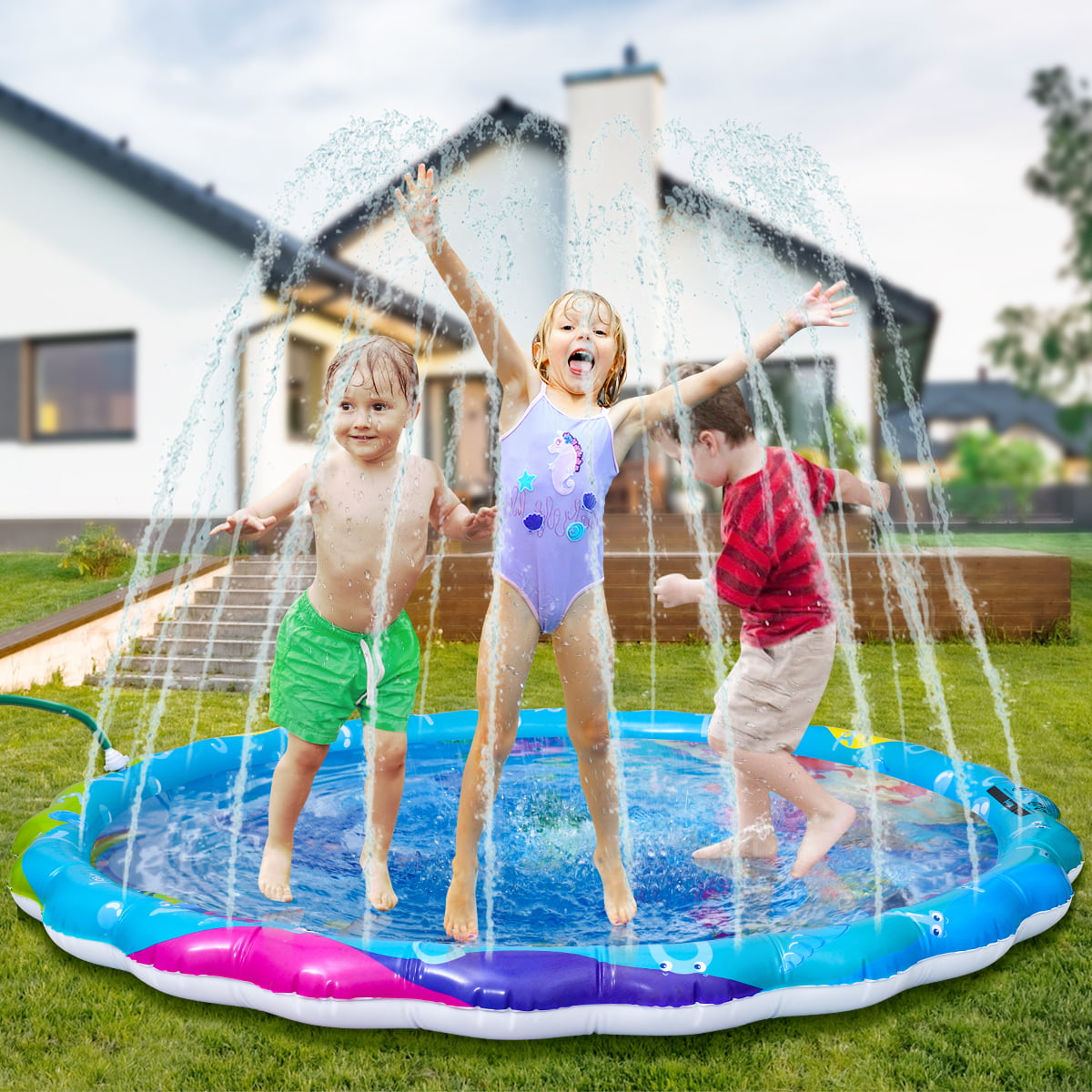 40/67in Inflatable Sprinkler Play Water Mat Dolphin Splash Pad Kids Outdoor Toy 