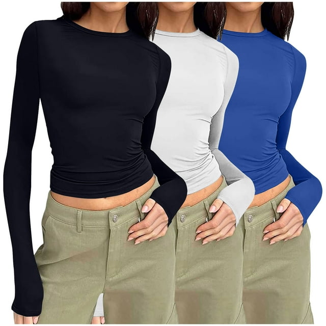 Pisexur 3 Pcs Hauts d'Automne pour Femmes Hauts à Manches Longues pour Femme Mode T-Shirts Courts à Col Rond Décontractés Ajustés Blouses Unies Chandails à Enfiler Hauts Basiques T-Shirts d'Automne