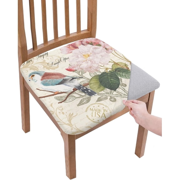 Dining Room Chair Seat Covers, Live Simply Laugh Often Love Deeply Bird Flowers Vintage Farmhouse Decor Removable Stretch Chair Seat Cushion Slipcovers Protector for Holiday Party, Set of 4