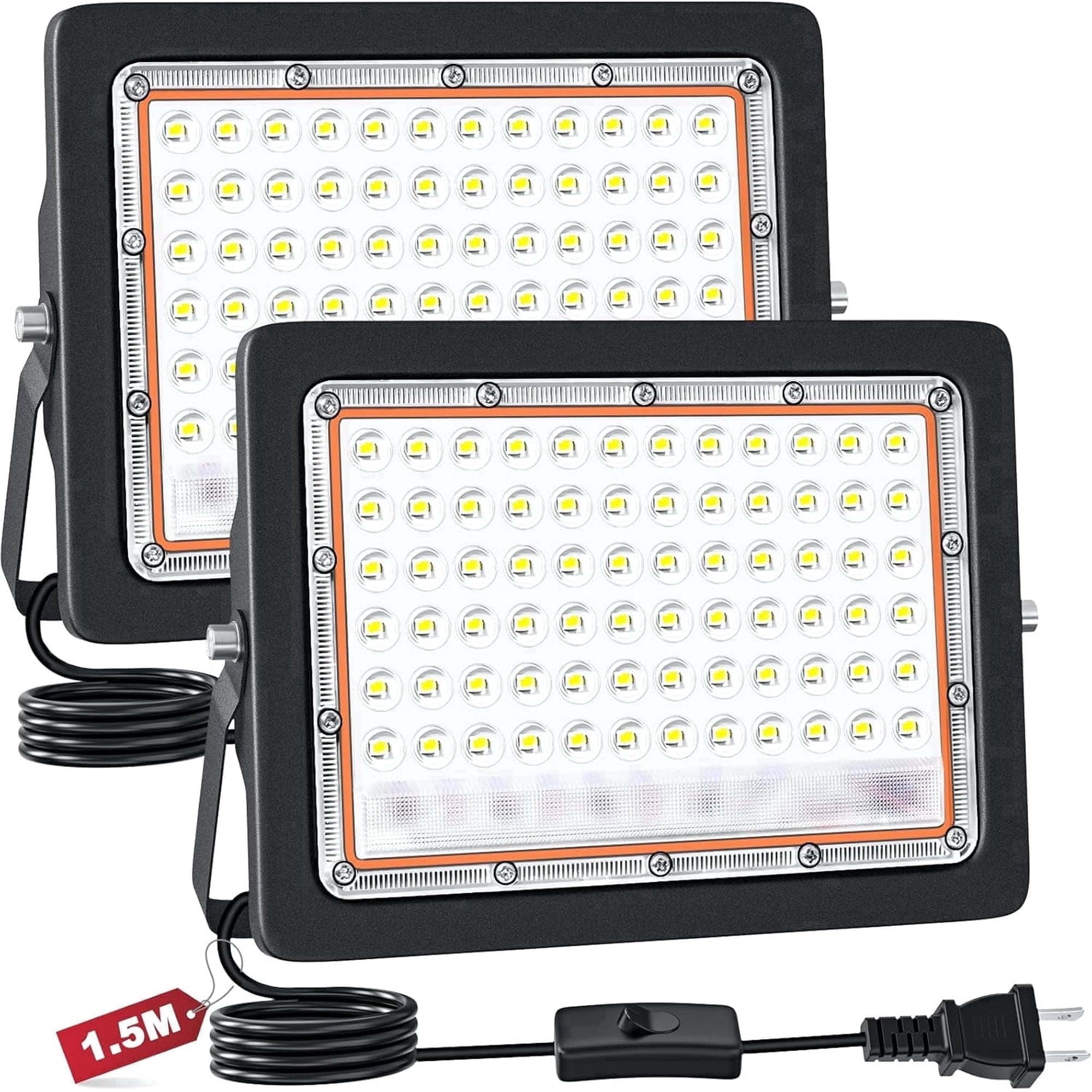 Indmird 2 pack 50W LED Outdoor Floodlights, 5000LM Super Bright Security Light with US Plug＆Switch, IP66 Waterproof 6500K Daylight White Floodlight, LED Work Light for Garage, Yard, Garden, Lawn