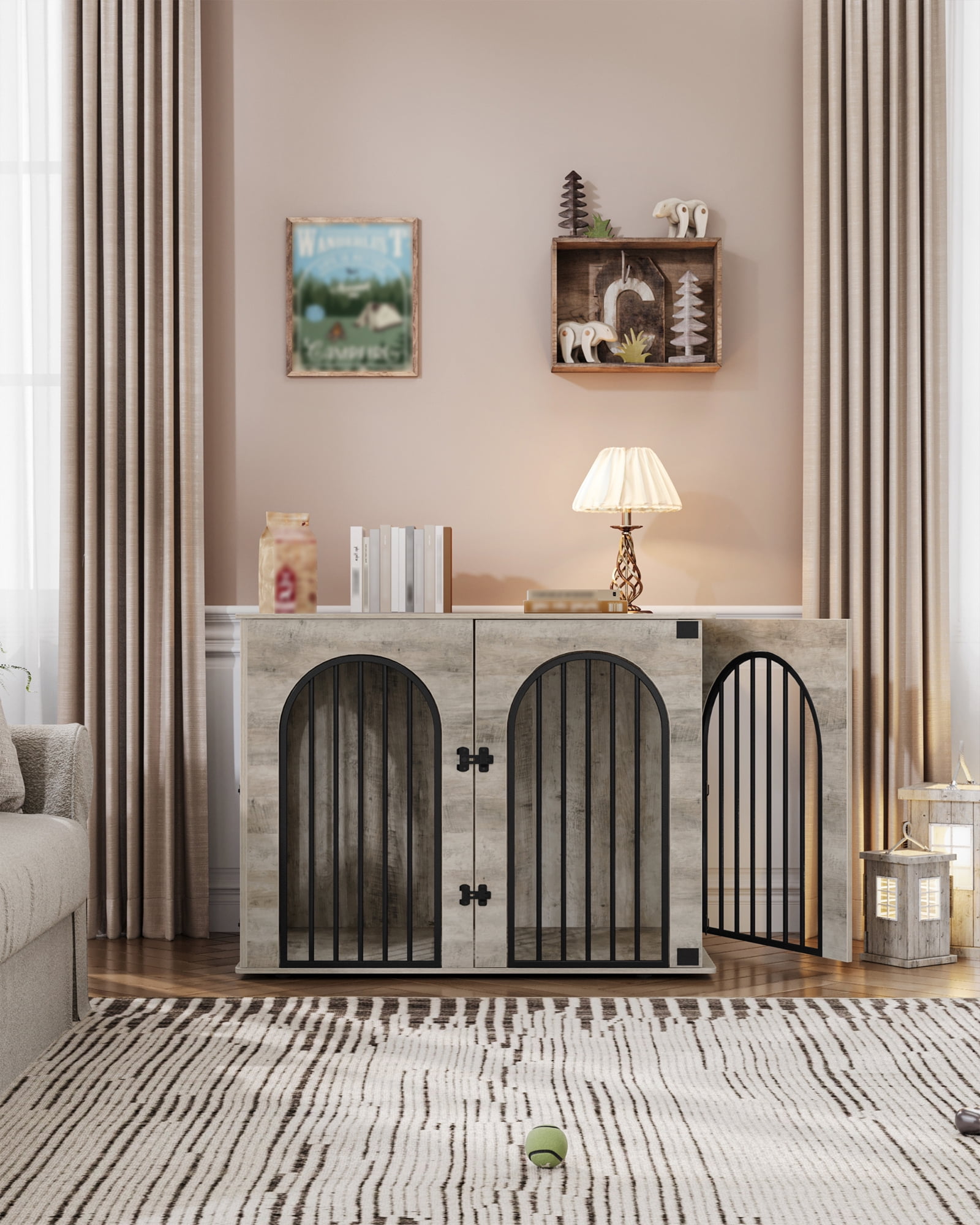 44.1" Dog Crate Furniture, 3 Door Wooden Dog Crate Furniture for Small/Medium/Large Dog,Greige Black