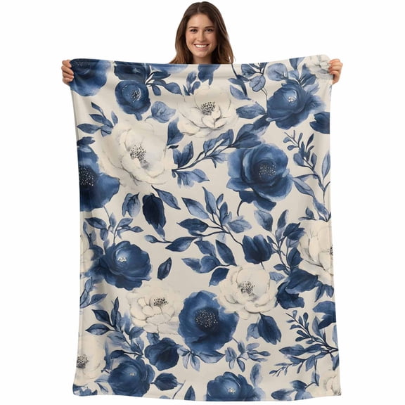 Navy Blue Beige Peony Blanket Soft Cozy Warm Throw Blanket for Couch, Plush Fuzzy Flannel Fleece Blankets for Sofa, Vintage Floral Blossom Botanical Bed Blankets Lightweight Gifts for Women, 50"x60"