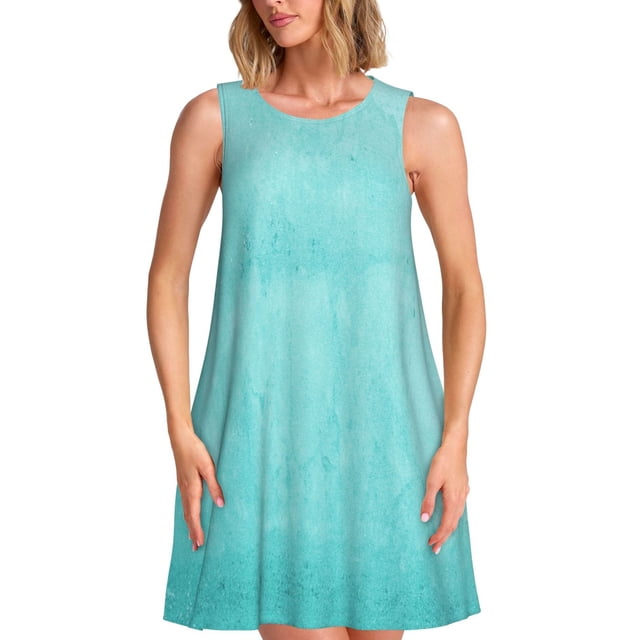 Fotbe Blue And Turquoise Vestido de Verano sin Mangas para Mujer – Vestido Midi Línea A, Estilo Camiseta Floral, Vestido Playero Casual y Fluido