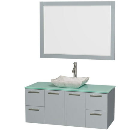 Wyndham Collection Amare 48 inch Single Bathroom Vanity in Dove Gray, Green Glass Countertop, Pyra Bone Porcelain Sink, and 46 inch Mirror