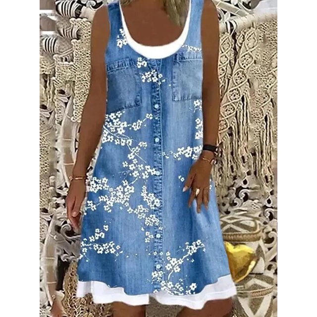 Women's A-Line Dress Fashion Floral Dot 3D Print Knee Length Dress Blue Sleeveless Spring Summer Casual Everyday Dress 2022M Gao Jinjia LED