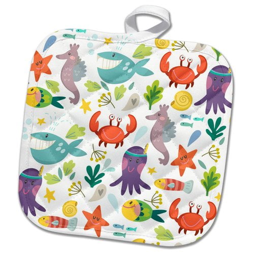 3dRose Fulll Kids Sea Life of Crabs Octopus Fish and Whales Pot Holder