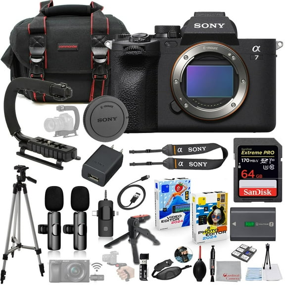 Sony a7 IV Mirrorless Camera Bundle   Wireless Microphone System   Accessory Package Including 64GB Extreme Memory, U-Grip, Case, Tripod, Software and More (25 Items)