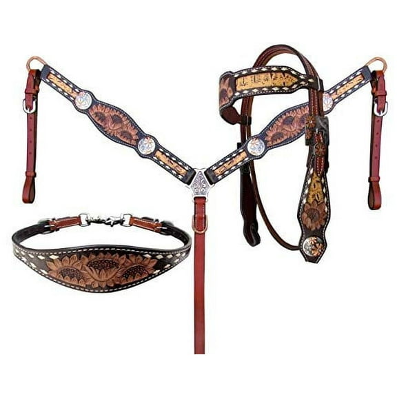 Showman Sunflower Tooled Leather 4 Piece Headstall & Breast Collar Set w/ Reins