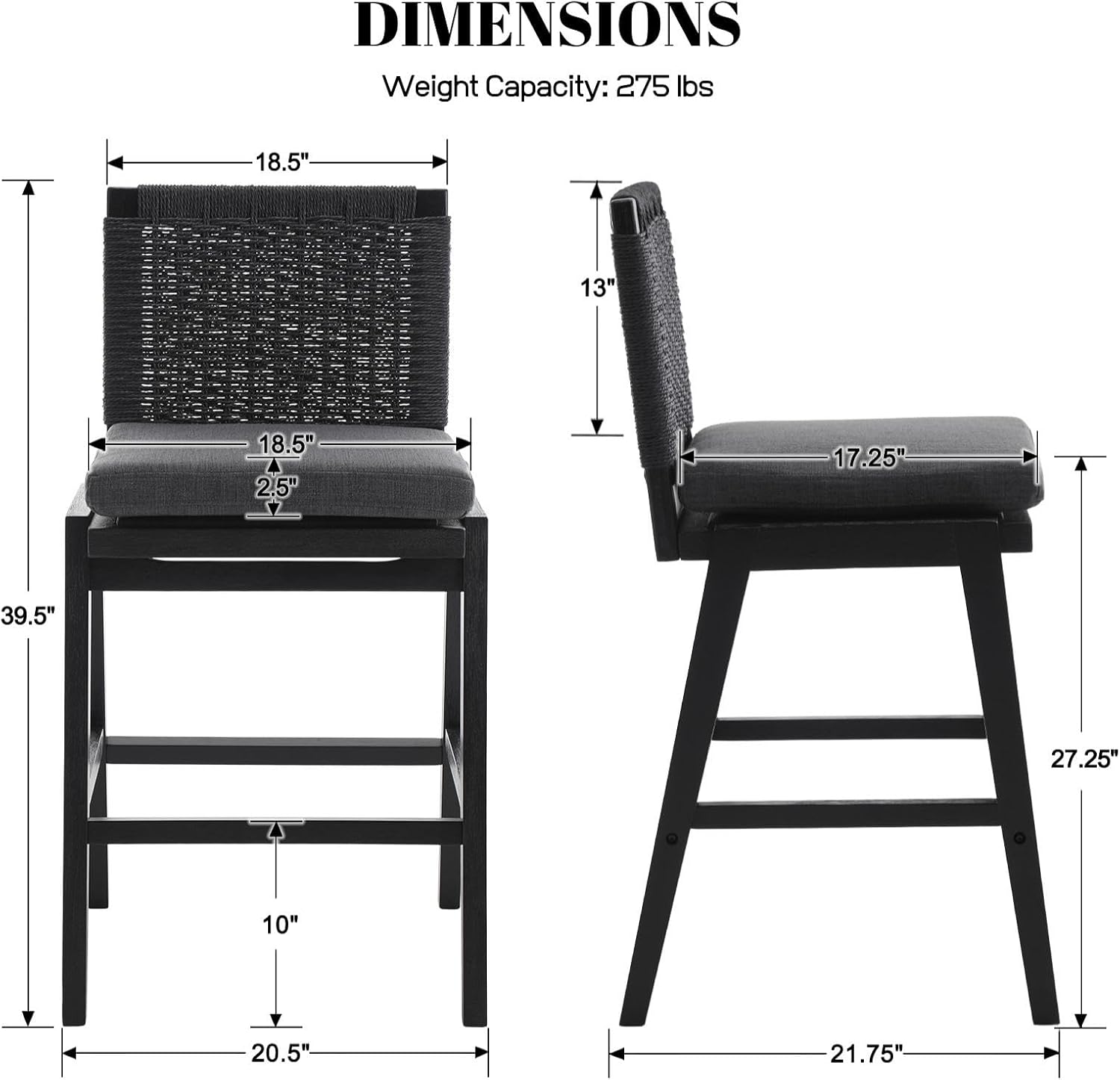 Guyou Woven Counter Height Bar Stools Set of 2, 29" Natural Wood Bar stools with Seagrass Back for Kitchen Island, Farmhouse & Coastal, Charcoal