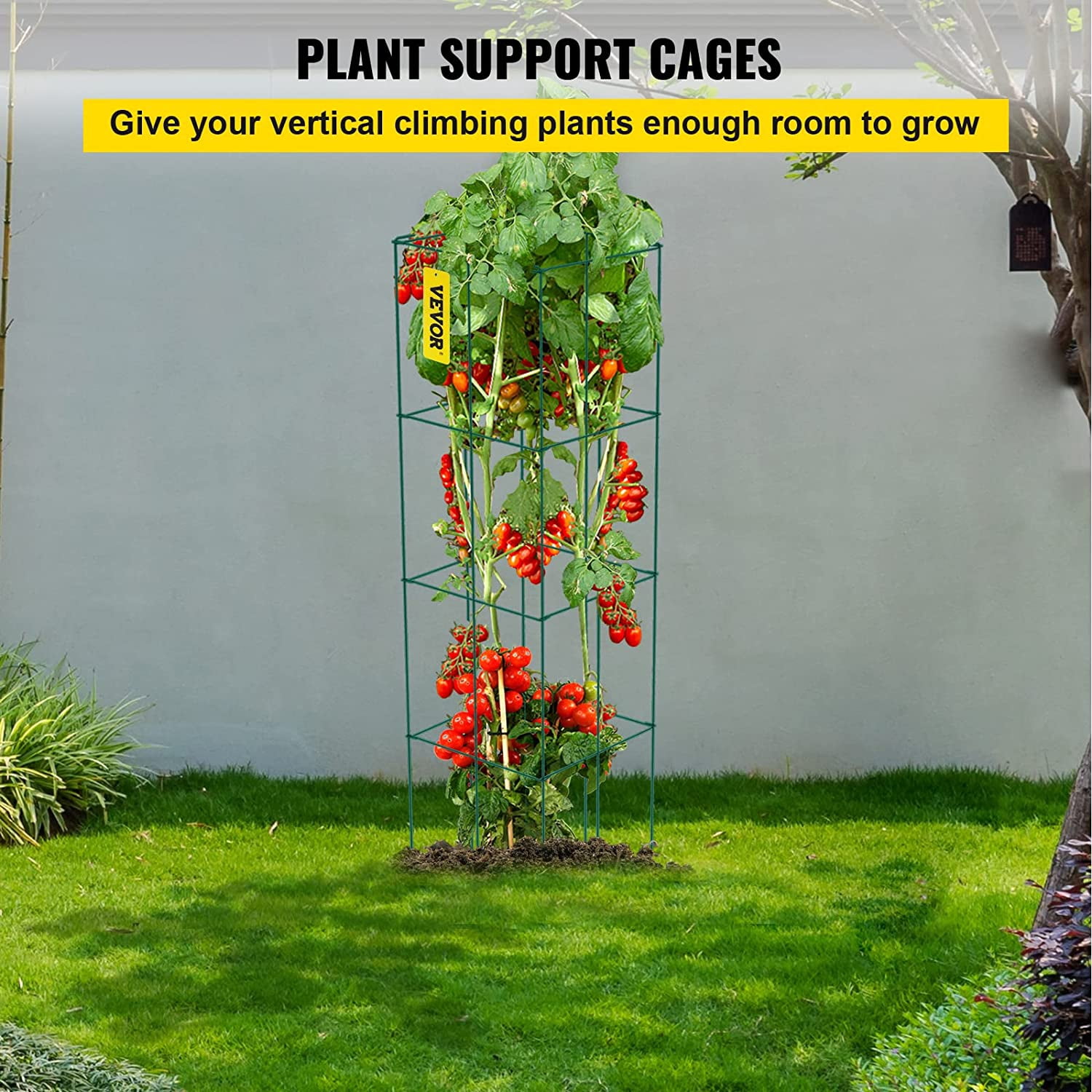WBTER Tomato Cages, 11.8" x 11.8" x 46.1", 10 Packs Square Plant Support Cages, Green PVC-Coated Steel Tomato Towers for Climbing Vegetables, Plants, Flowers, Fruits
