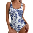 thumbnail image 1 of Women's One Piece Swimsuit Black Floral Print Push Up Tummy Control, 1 of 9