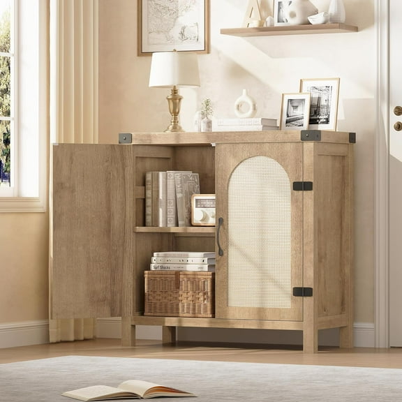 Senfot Sideboard Buffet Cabinet, Accent Cabinet with Shelves and Strong Wood Legs, Farmhouse Storage Cabinet with Rattan Doors, Small Console Cabinet for Bedroom, Living Room, Entryway, Natural