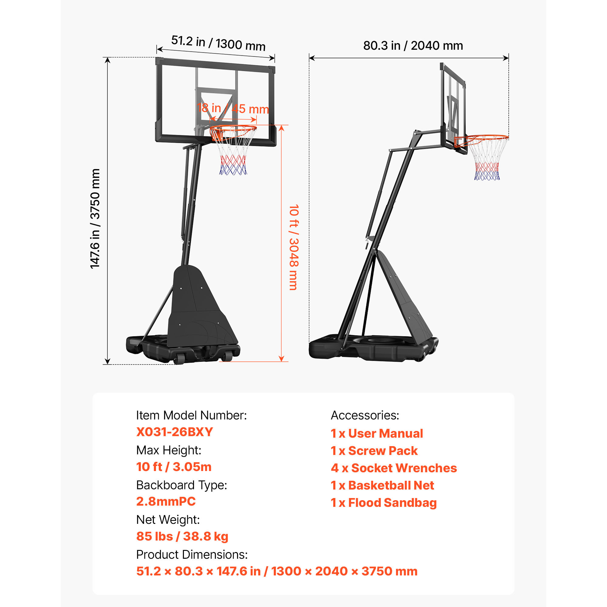 KFFKFF Portable Basketball Hoop with Adjustable Height Outdoor – 10 ft, 85 lbs