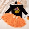 thumbnail image 3 of GYRATEDREAM Newborn Baby Girls Halloween Outfit Infant Ruffle Long Sleeve Pumpkin Letter Print Romper Tops + Bowknot Layed Tulle Tutu Skirt + Headband 3Pcs Set Toddler Fall Clothes for 1-18 Months, 3 of 6