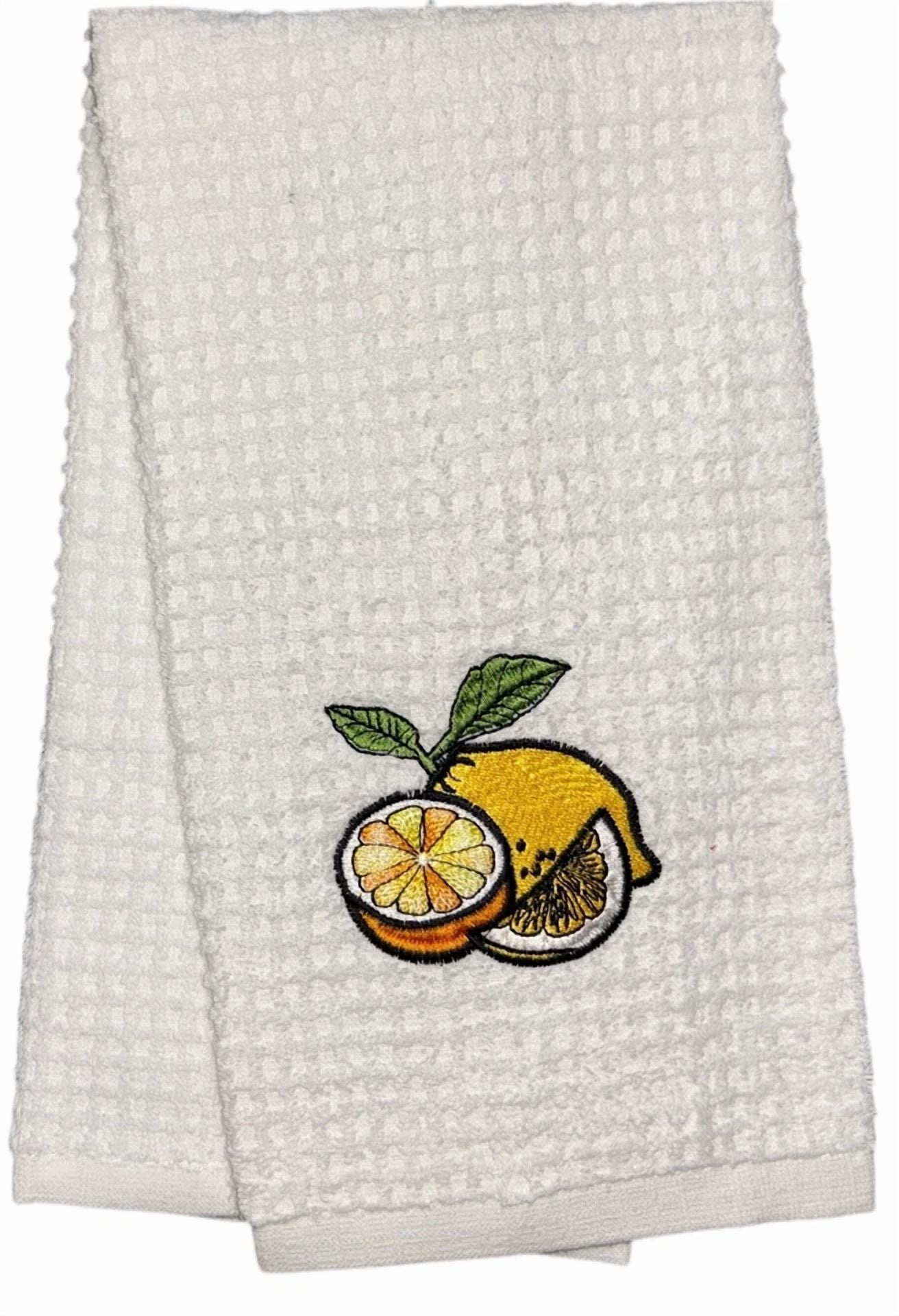 BUTTERFLY- 2 Pcs, 100% Cotton Terry Kitchen Towel - White Towel Lemon Embroidery & Plain Te