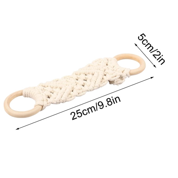 Handwoven Crochet Hanging Kitchen Towel with Beech Wood Rings | in White, Gray & Brown | 25 cm x 5 cm | Multi-Purpose Towel Hanger for Kitchen, Bathroom & Toilet