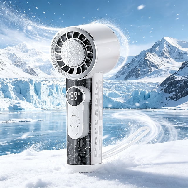 Handheld Portable Mini Fan with Ice Compress, USB Rechargeable, Digital Display, High-Speed Wind, Compact Desktop Cooling Fan for Home Office Outdoor Use