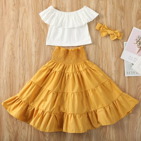 

Binpure Girls Dress Set Off Shoulder Ruffled Top Bow Headband High Waist Skirt Suit
