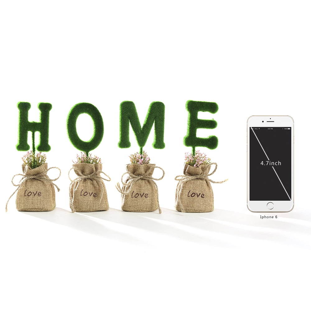K-Cliffs 4pcs Artificial Plant Letters 7"  "HOME" Potted in Jute Sack,8L x 7.5W x 3H inches