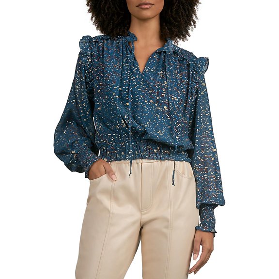 Elan Womens Metallic Ruffled Blouse