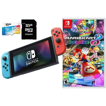 Nintendo Switch Mario Kart 8 Deluxe Bundle: 32GB Nintendo Switch Console with Neon Red and Blue Joy-Con, 128GB SD Card w/ Card Reader, and Mario Kart 8