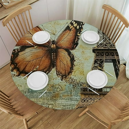

Sheronv Butterfly Eiffel Tower Steampunk Round Tablecloth 100% Polyester Stain-Resistant Washable Indoor Outdoor Restaurant Wedding Party Decor Camping Kitchen Dining Elastic Edge 54 -58