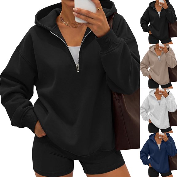 Womens Zip Up Hoodies Half Zip Pullover Fall Winter Oversized Workout Sweatshirts Y2k Zipper Jackets With Pockets,L