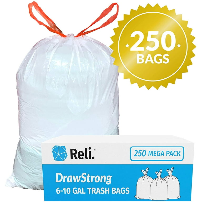 Reli. 8-10 Gallon Trash Bags Drawstring | 250 Count | 22x23 | 6, 8, 10 Gallon Drawstring Garbage Bags | White Trash Can Liners | Small - Medium