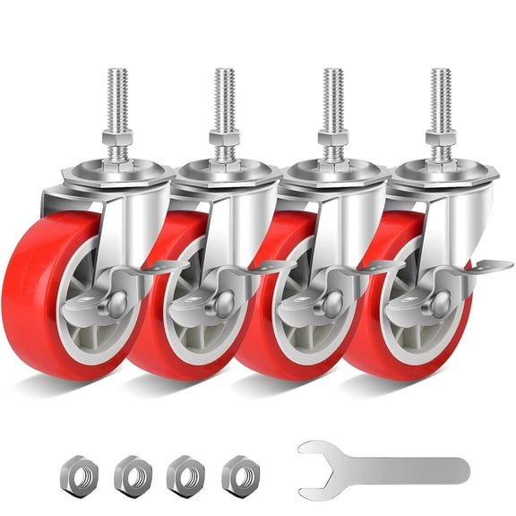 3 Inch Heavy Duty Stem Casters Swivel Wheels with Brake - 3/8" -16 x 1-1/2" (Stem Diameter 3/8", Length 1-1/2"),Set of 4 Locking Threaded Caster Load 600lbs