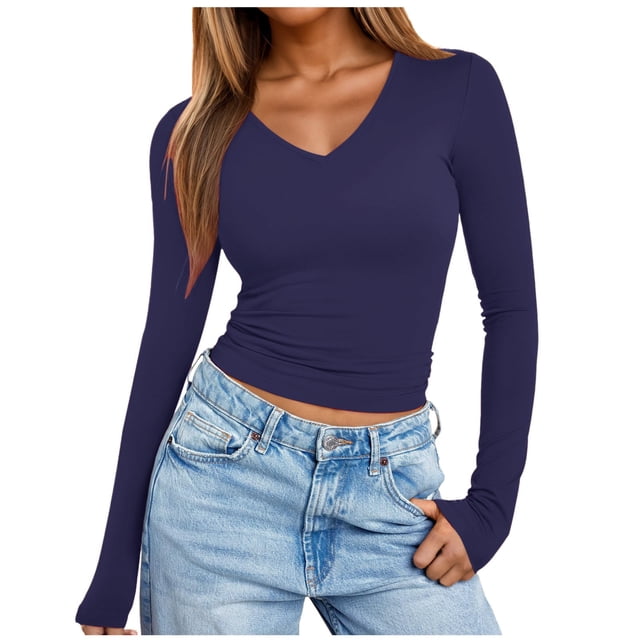 Camisa lisa de manga larga con cuello en V para mujer - Blusa ajustada para fiestas informales - Tallas S-XXL