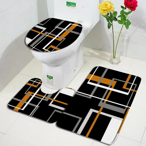 Creative Geometric Bath Mat Set Grey White Red Lines Black Plaid Modern Design Home Bathroom Decor Non-slip Rug Toilet Lid Cover