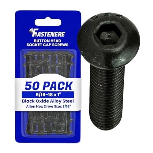 Fastenere Button Head Socket Cap Screws - 5/16-18 x 1" (50-Pcs) Alloy Steel, Fully Threaded, Fine Black Oxide Finish, Corrosion-Resistant, Machine Thread, Easy to Install w/ Allen Hex Drive
