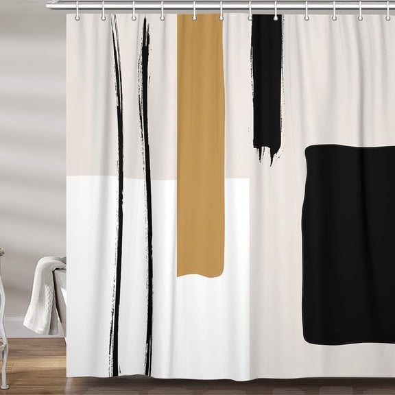 Abstract Modern Shower Curtain, Cute Geometric Minimalist Black and White Shower Curtains Set, Retro Beige Yellow Tan Mid Century Restroom Decor Accessories with Hooks 72X 72 In