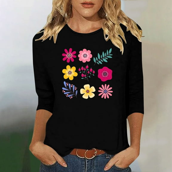 Runfenguu Y2K Top Womens T Shirt Dress Ladies' Fashion Floral Printed Round Neck 3/4 Sleeve T-Shirt Shirt Sleeve Round Neck Top/Shirt