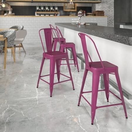 Flash Furniture Commercial Grade 24" High Purple Metal Indoor-Outdoor Counter Height Stool with Back
