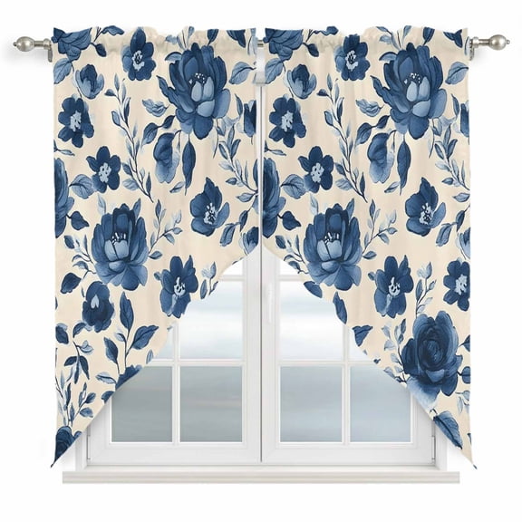 Navy Blue Floral Kitchen Window Curtains, Swag Curtains Valance for Bedroom Living Room Bathroom, Spring Retro Botanical Flowers Rod Pocket Window Treatment Curtain Block Drapes 2 Panels 36"x36"