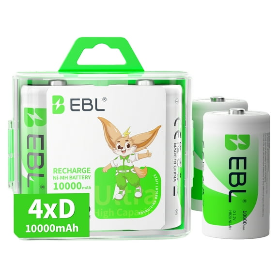 EBL D Size Rechargeable Batteries D Cell 10000mah NiMH Battery, 4 Counts 1.2V