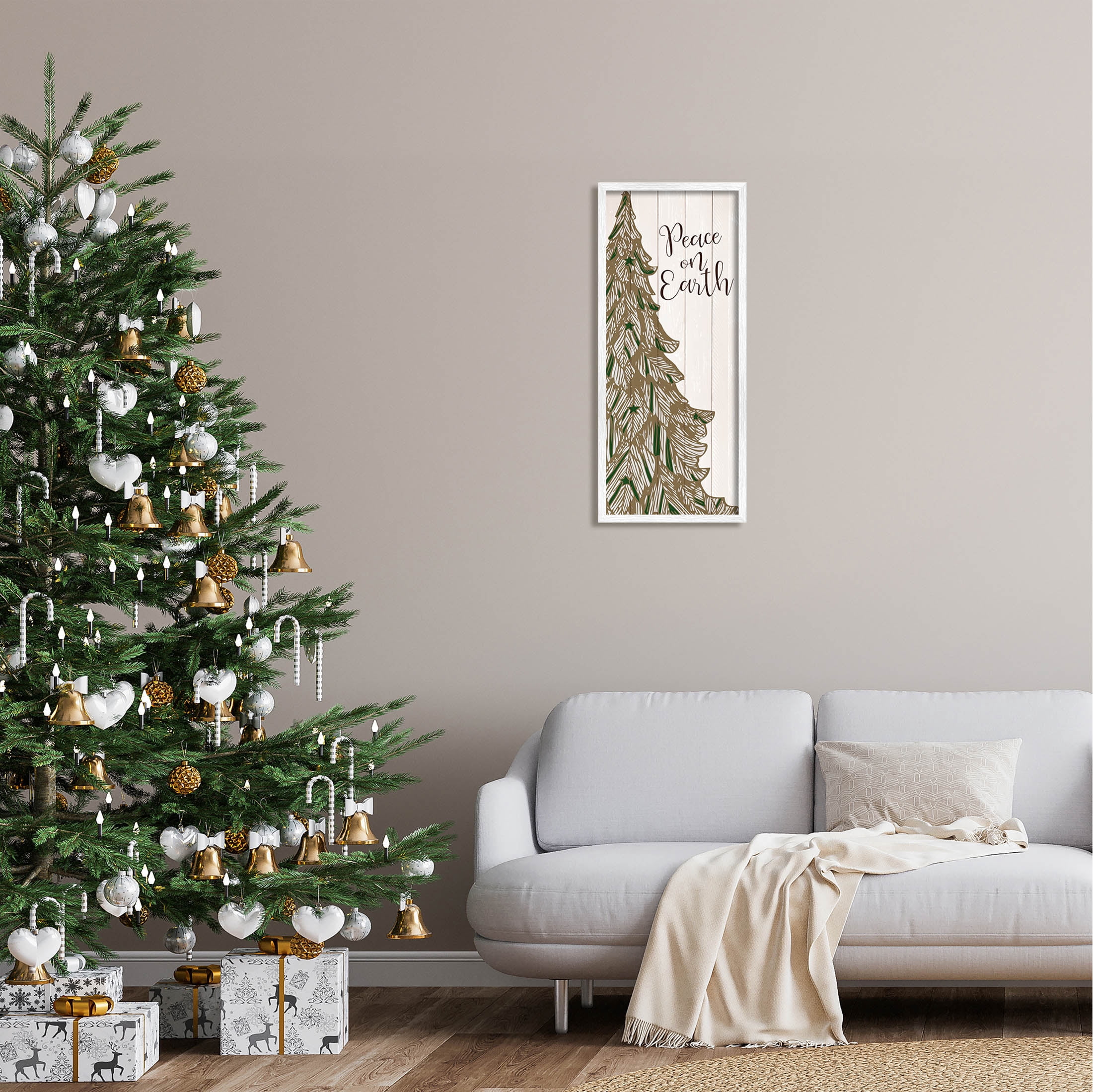 Stupell Industries Peace On Earth Tree Phrase Graphic Art White Framed Art Print Wall Art, Design by Kim Allen
