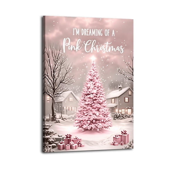 Framed Pink Christmas Tree Wall Art Decor, I'm Dreaming of A Pink Christmas Canvas Wall Art,Holiday Home Decor for Living Room Office Farmhouse Christmas Decoration,Ready to Hang Christmas Art
