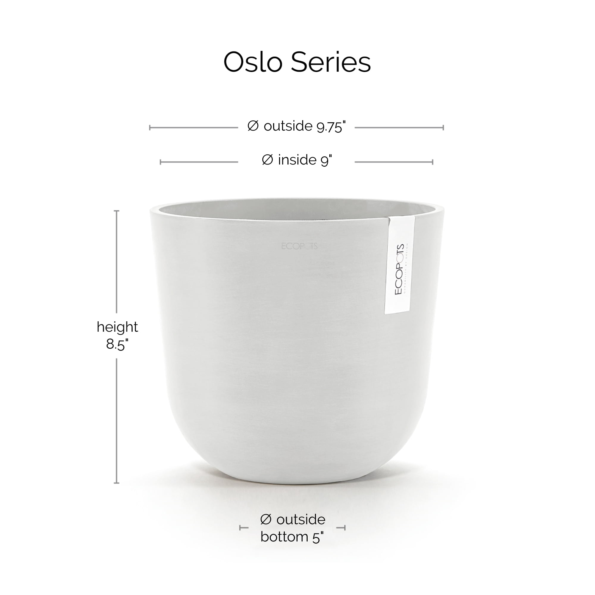 Ecopots Oslo Durable Modern Round Indoor/Outdoor Recycled Based Composite Flower Pot Planter, Pure White, 10"