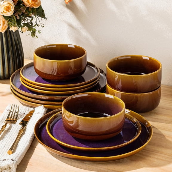 Ceramic Dinnerware Set for 4 People 12-Piece Handmade Reactive Glaze Plates and Bowls Scratch Resistant Oven Microwave and Dishwasher Safe