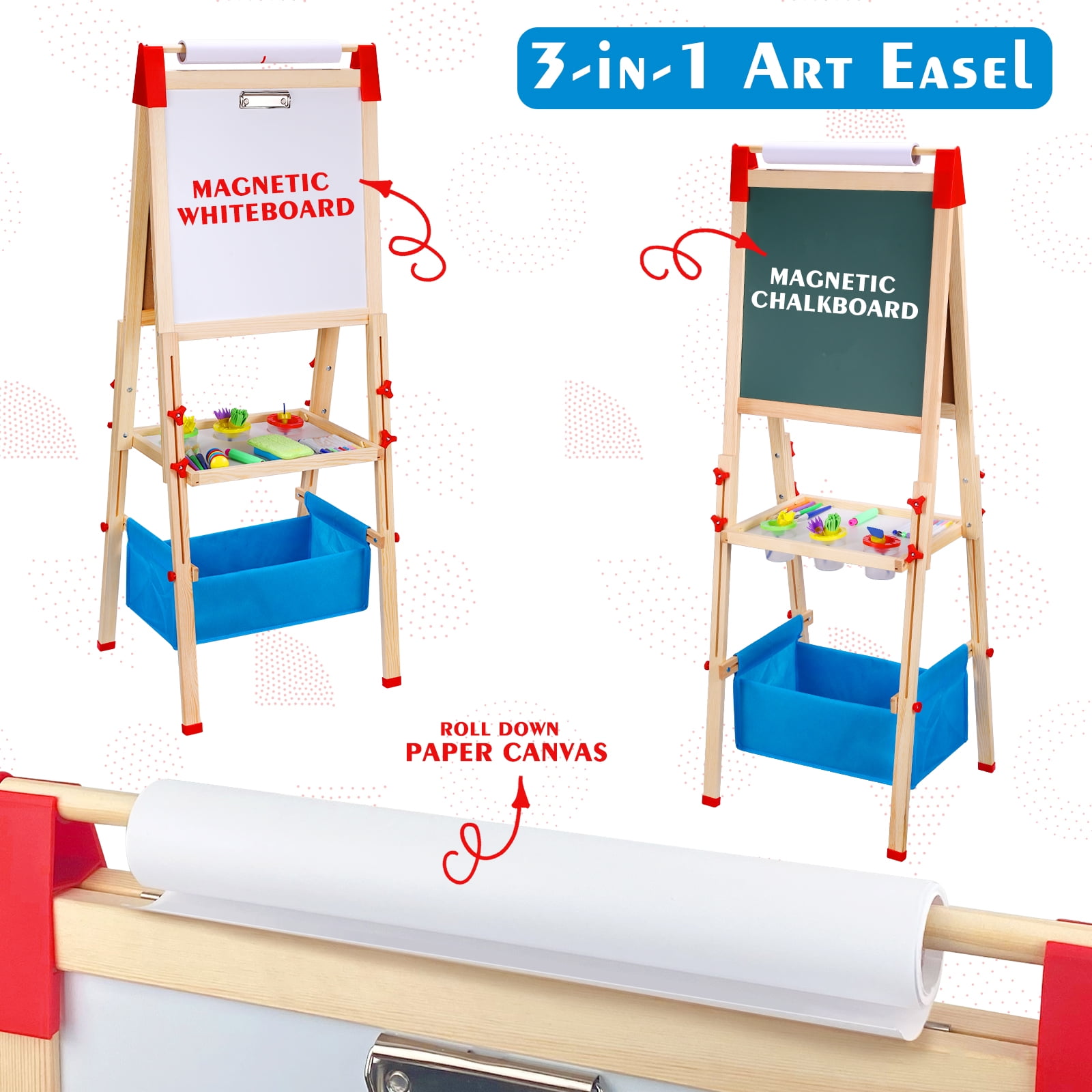 Urban Deco EASEL for Kids Wooden Magnetic Chalkboard &Whiteboard for Toddlers with Paper Roll, Best Christmas Birthday Holiday Gifts