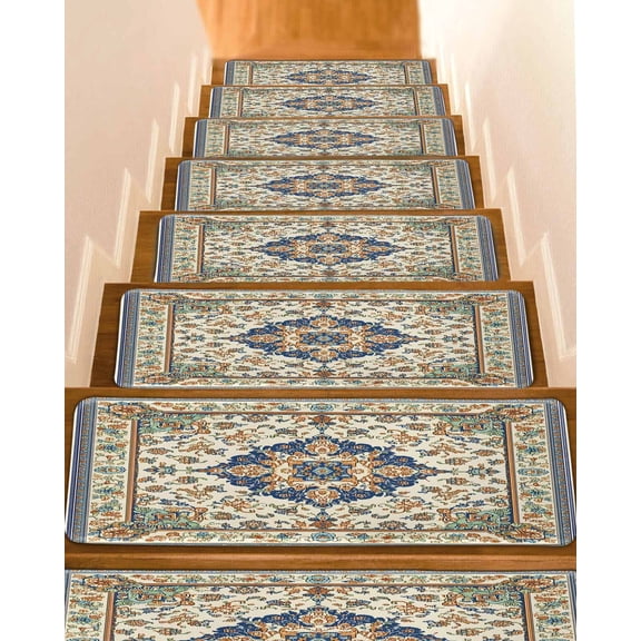 Vintage Ethnic Floral Non-Slip Stair Treads for Wooden Steps, 15 Pack 8x30 Inch Carpet Stair Mats with Adhesive Backing, Noise-Reducing Step Covers for Indoor Stairs, Easy to Install & Residue-Free
