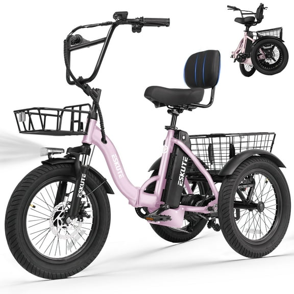 ESKUTE Pink E Trike Electric Bike, Peak 1200W Brushless Motor Folding Trike 18X3.0 Fat Tire Ebike, 499Wh Removable Battery, Step-Thru 3 Wheel Electric Bicycle, 48V 10.4AH 18MPH  Tricycle for Adults
