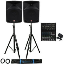 2 Rockville RPG10 10" Powered/Active 1200W 2-Way Speakers Mackie Mixer 2 Stands
