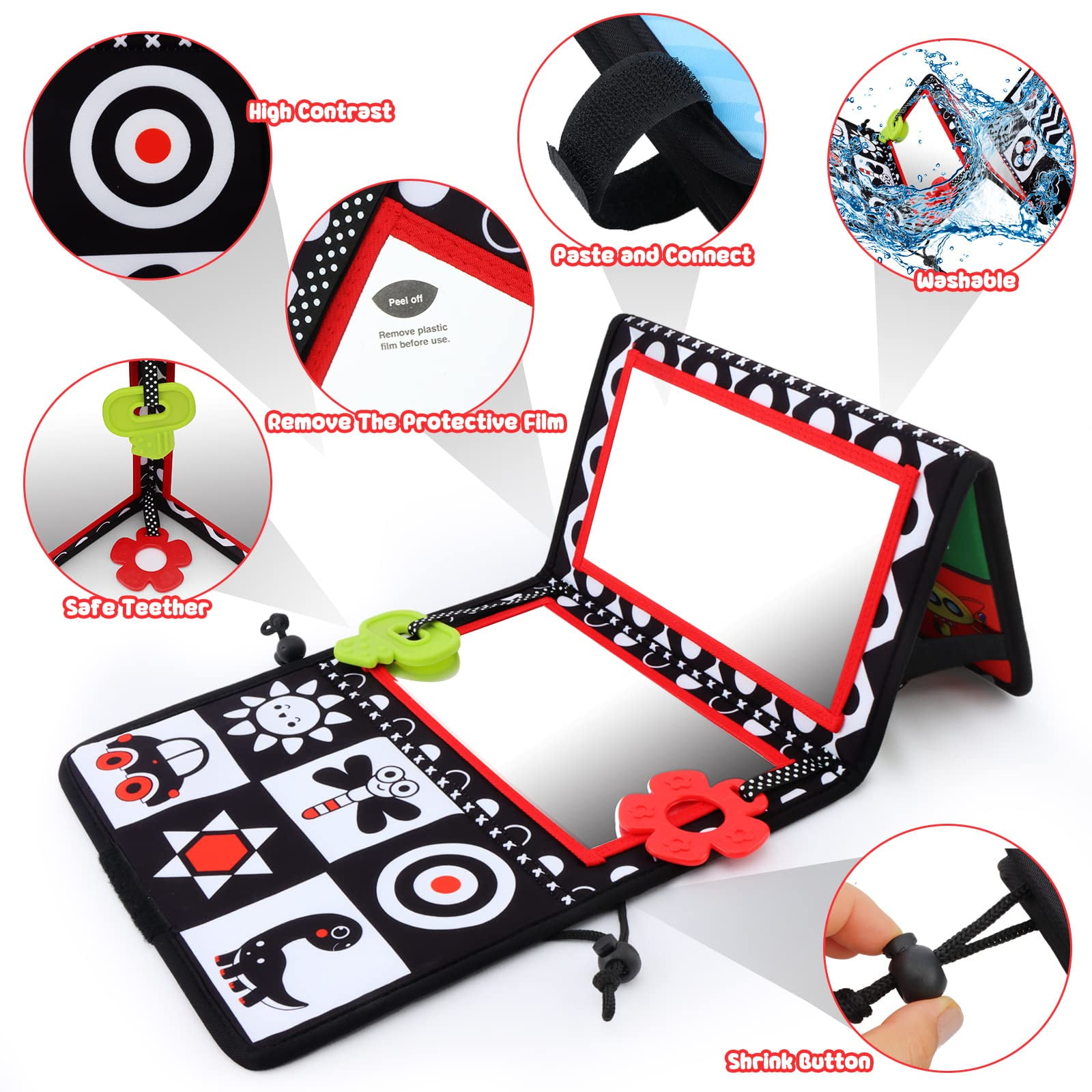 Tummy Time Floor Mirror with Teethers, Double-Sided Baby Mirror Black and White High Contrast Baby Toys for Babies, Baby Montessori Toys Crawling Developmental Newborn Infant Sensory Toys