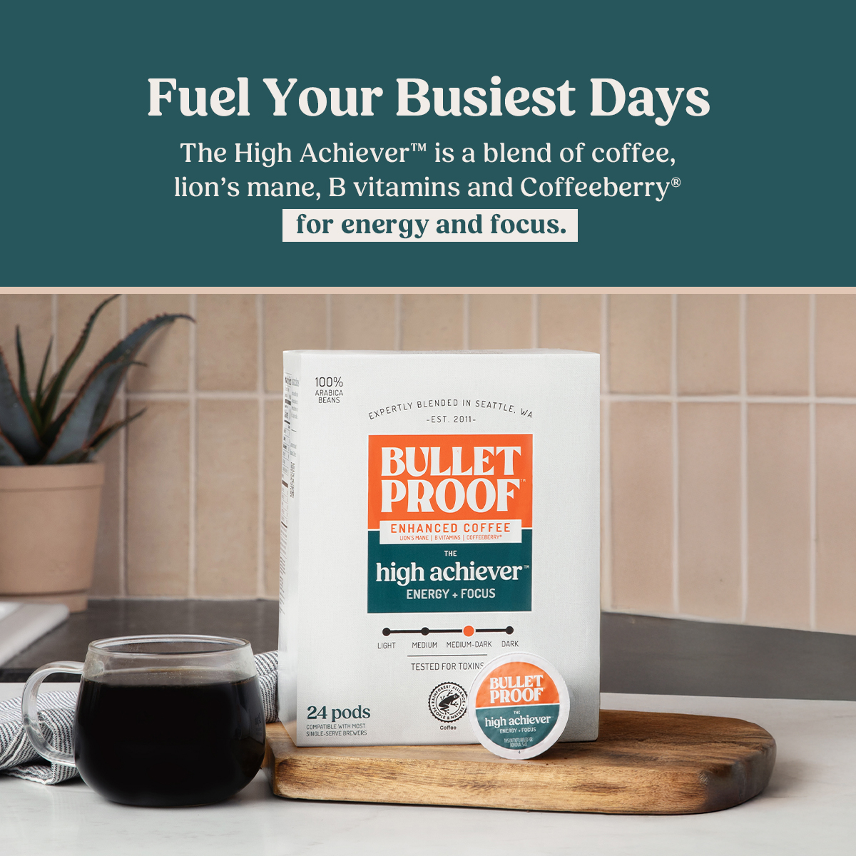Bulletproof The High Achiever Single-Serve Pods, 24 Count, Nootropic Mushroom Coffee for Energy, w/ B Vitamins, Lion’s Mane and Coffeeberry, Medium-Dark Roast