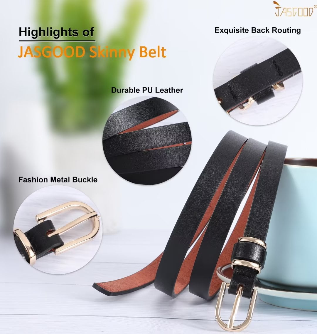 JASGOOD Women PU Leather Skinny Belt for Dress Adjustable Thin