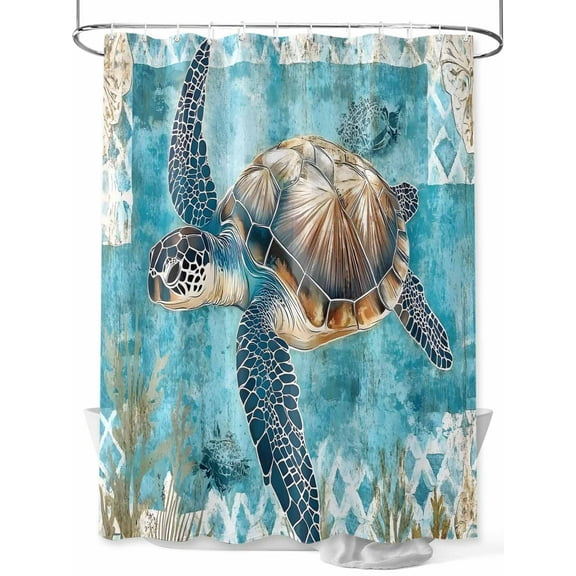 Fsddascl Blue Green Coastal Shower Curtain Set - Extra Long 72" x 96" Washable Bathtub Curtain with 12 Hooks, Sea Turtle Ocean Retro Waterproof Fabric Stall Shower Curtains for Bathroom/Bathtub